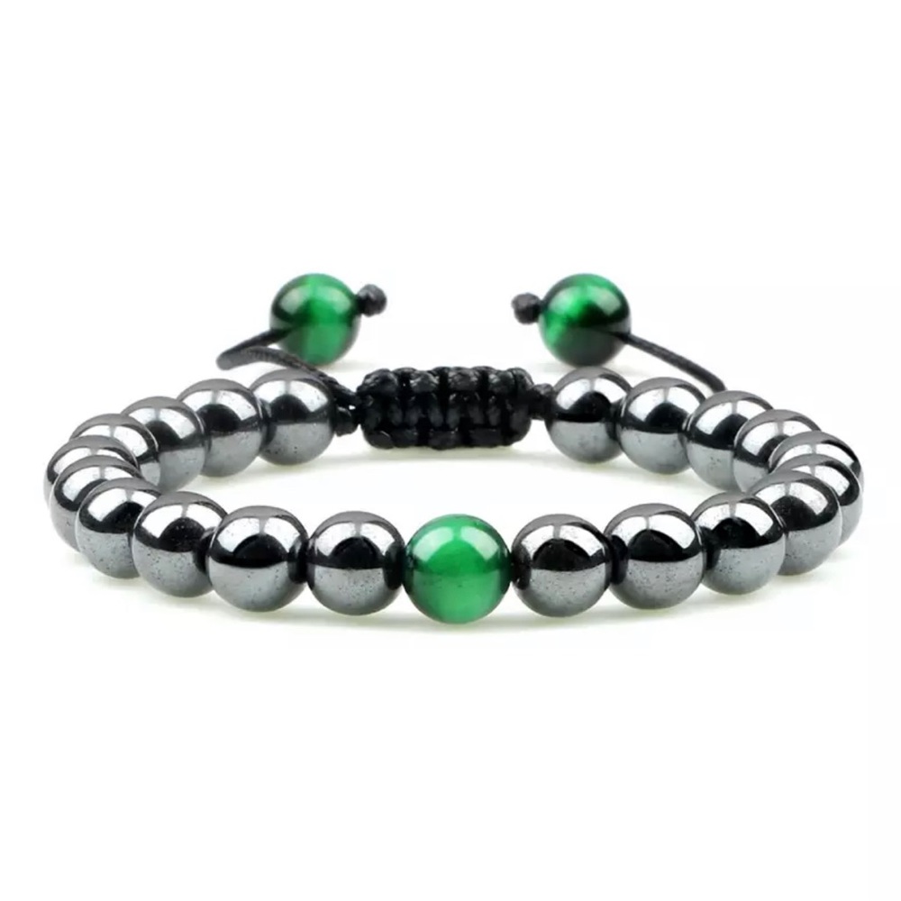 Mens Hematite Green Tigers Eye bracelet beaded crystal bracelet